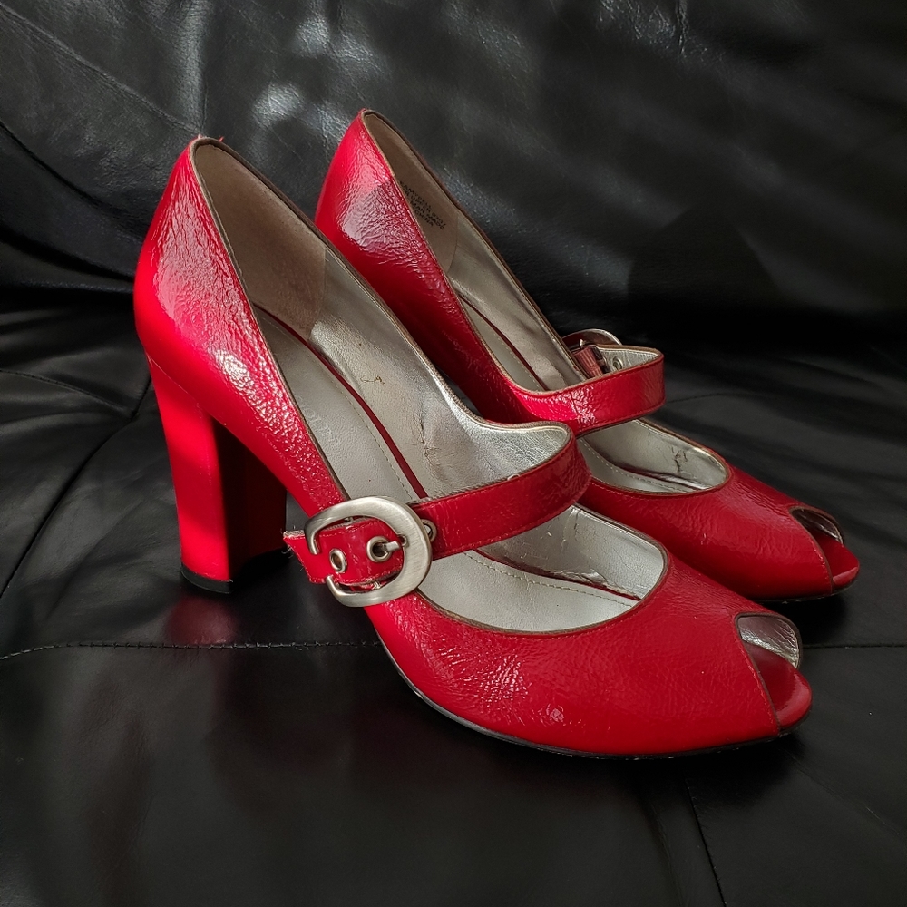 Enzo Angiolini red patent leather peep-toe pumps.  Size 9